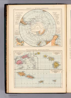 Karte der Sudpolarregion. Polynesische Inselgruppen: Viti-Fidschi, Inseln. Hawaii-Sandwich, Inseln. Samoa-Schiffer, Inseln. (with) Victoria-Land. (Richard Andree. Herausgegeben von der Geographischen Anstalt von Velhagen & Klasing in Leipzig. 1881)