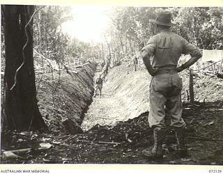 FINSCHHAFEN AREA, NEW GUINEA. 1944-04-09. QX44130 CAPTAIN J.L. GROOM, COMMANDING OFFICER 15TH MALARIA CONTROL UNIT, (1), WITH NX108123 MAJOR J.H.D. EDWARDS (2), DEPUTY ASSISTANT DIRECTOR OF HEALTH, ..