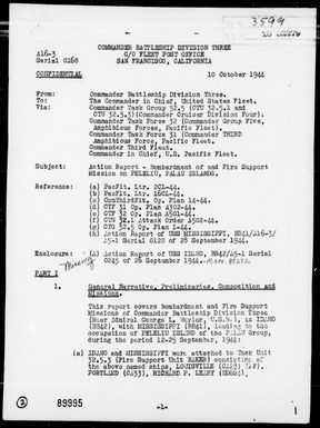 COMBATDIV 3 - Rep of Bombardment & Fire Support Missions Against Peleliu, Palau Is, 9/12-25/44