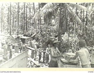 JACQUINOT BAY, NEW BRITAIN. 1944-11-18. TROOPS OF THE 55TH SUPPLY DEPOT PLATOON UNLOADING SUPPLIES FROM A BARGE BY MEANS OF ROLLERS AT THE PALMALMAL PLANTATION