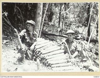 PAPUA, NEW GUINEA. 1942-10. A JAPANESE MOUNTAIN GUN SHELL DUMP, FOUND ON IORIBAIWA RIDGE AFTER THE JAPS HAD BEEN DRIVEN FROM THE RIDGE, THE SHELLS ARE OF 75 MILLIMETRE CALIBRE