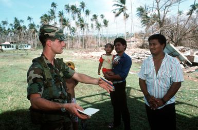 MAJ (Dr.) Cloonan plans a medical assessment of the villagers of Tuasivi during disaster relief efforts on the island of Savaii in the aftermath of Cyclone Ofa