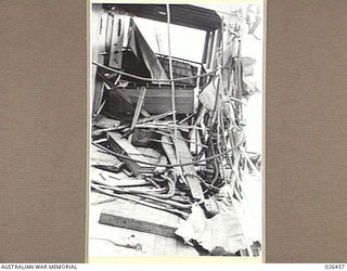 OFF PORT MORESBY, PAPUA. 1942-08-30. SHATTERED FITTINGS ON THE PROMENADE DECK OF M.V. MALAITA CAUSED WHEN SHE WAS TORPEDOED BY AN ENEMY SUBMARINE OFF PORT MORESBY. THE VESSEL WAS TOWED INTO PORT ..