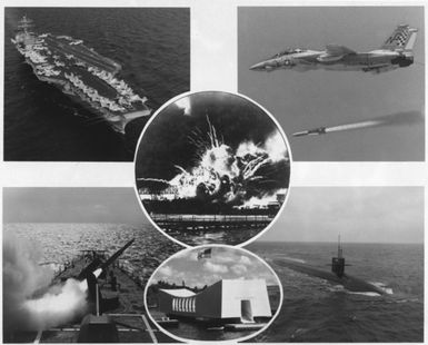 The 40th anniversary of the Japanese attack on Pearl Harbor, Hawaii, is depicted in this collage done by Robert A. Carlisle. The collage, with four views representing our present-day weapons systems and two views reminding us of the Pearl Harbor devastation, serves to contrast our 1981 military readiness with our 1941 lack thereof