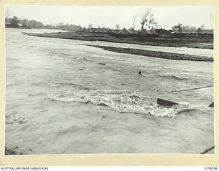 LAE, NEW GUINEA. 1944-08-09. TROOPS OF THE 20TH FIELD COMPANY, TRYING TO RESCUE A NATIVE WHO FELL INTO THE FLOODED BUTIBUM RIVER DURING THE BUILDING OF A NEW BRIDGE ACROSS THE RIVER