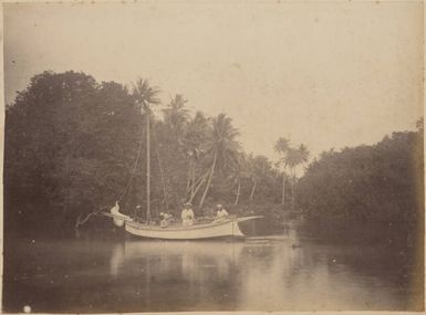 Five men in a boat at Pohnpei, 1886