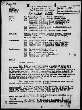 BIRMINGHAM - Rep of Ops & Act With Enemy During the Initial landings on Saipan Is, Marianas, 6/14-17/44