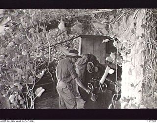 NAURU ISLAND. 1945-09-14. MEMBERS OF THE 31/51ST INFANTRY BATTALION INSPECTING AN 80MM COASTAL GUN EMPLACEMENT (JAPANESE) SOON AFTER THEIR OCCUPATION OF THE ISLAND