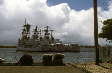 A view of several mothballed ships at anchor near Beckoning Point. They are, left to right, the guided missile destroyer USS SOMERS (DDG 34), and the destroyers USS MORTON (DD 948) and USS RICHARD S. EDWARDS (DD 950)
