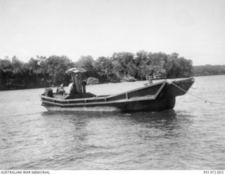 Solomon Sea. 1944-02-10. A Japanese barge `captured' by Beaufighter aircraft of No. 30 Squadron, RAAF. The barge was sighted empty and drifting out to sea about 40 miles south of Gasmata by two ..