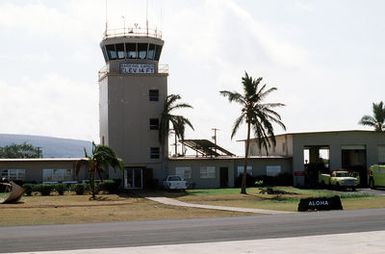 A view of the control tower and operations building at the Pacific Missile Range Facility, Barking Sands, Kauai, shortly after the region was hit by Hurricane Iniki. Damage is not evident in this view