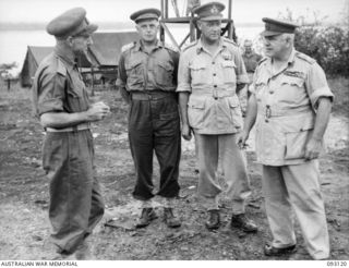 WEWAK AREA, NEW GUINEA, 1945-06-14. GENERAL SIR THOMAS A. BLAMEY, COMMANDER-IN-CHIEF, ALLIED LAND FORCES, SOUTH WEST PACIFIC AREA (4). WITH SENIOR OFFICERS DURING HIS VISIT TO HQ 6 DIVISION. ..