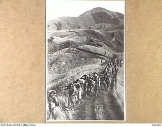 RAMU VALLEY AREA, NEW GUINEA. 1943-11-09. UNITS OF THE 21ST AUSTRALIAN INFANTRY BRIGADE MARCHING ALONG A WINDING TRACK IN THE FOOTHILLS OF THE FINISTERRE RANGES ON THEIR WAY TO THE RAMU VALLEY ..