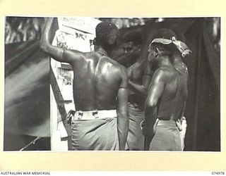 New Guinea natives excitedly examining photographs of themselves displayed on the notice board of the Military History Section at 5th Division Headquarters