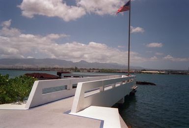 A view of the USS UTAH Memorial on the north side of Ford Island. The Memorial pays tribute to the 58 men who lost their lives as the ship was sunk in the opening minutes of the Japanese surprise attack on 7 December 1941 which signaled Americas entry into the hostilities of World War II