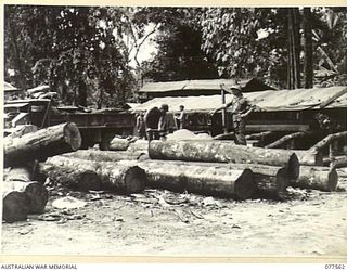 PERSONNEL OF NO. 5 PLATOON, (PIONEERS), HEADQUARTERS COMPANY, 27TH INFANTRY BATTALION OPERATING THE UNIT SAWMILL IN A JUNGLE CLEARING NEAR THE UNIT CAMP AREA. IDENTIFIED PERSONNEL ARE:- VX148424 ..