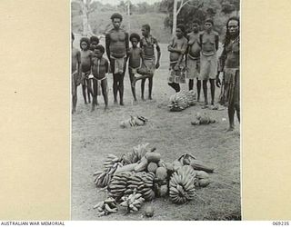 MENDAROPU, NEW GUINEA, 1942-10. NATIVES GROUPED AROUND FRUIT AND VEGETABLES WHICH THEY HAVE BROUGHT IN FOR SALE TO THE TROOPS OF THE 128TH REGIMENT, 32ND UNITED STATES DIVISION