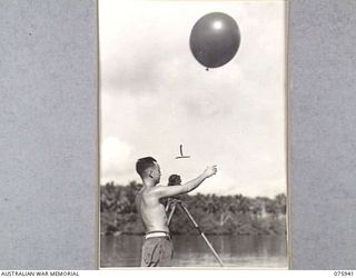 MILILAT, NEW GUINEA. 1944-09-14. 423607 SERGEANT F.W. BOYLE, 5TH METROLOGICAL DETACHMENT, RAAF, ATTACHED 5TH DIVISION RELEASING A HYDROGEN FILLED BALLOON TO OBTAIN THE EARLY MORNING WIND SPEED AND ..