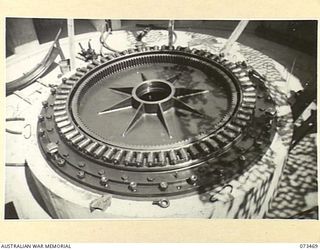 PORT MORESBY, NEW GUINEA. 1944-07. THE BASE OF A 5.25 INCH GUN VIEWED DURING THE CONSTRUCTION OF BASILISK BATTERY, 801ST ANTI-AIRCRAFT AND COAST ARTILLERY BATTERY, HEADQUARTERS MORESBY BASE ..