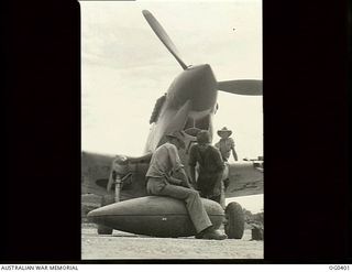 KIRIWINA, TROBRIAND ISLANDS, PAPUA. 1943-11-12. CORPORAL F. C. HEFFERNAN OF CAMDEN, NSW, AND NO. 76 SQUADRON RAAF, SITTING ON A BELLY TANK THAT GIVES KITTYHAWK FIGHTER AIRCRAFT EXTRA RANGE, WITH ..