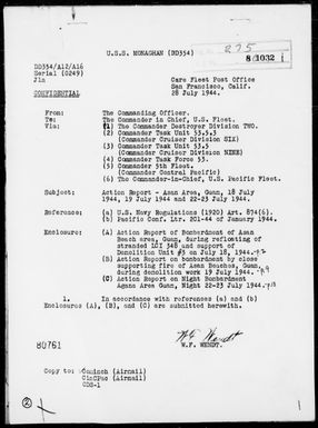 USS MONAGHAN - Report of Operations off Guam Island, Marianas, During the Period 7/18-23/44