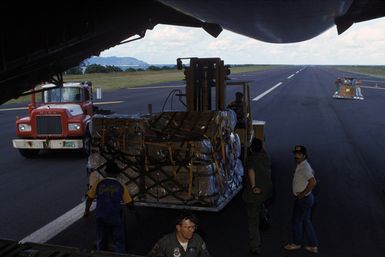 Members of the 22nd Military Airlift Squadron and local Samoans use a forklift to unload electrical generator equipment from a 22nd Military Airlift Squadron C-5 Galaxy aircraft at the Pago Pago International Airport