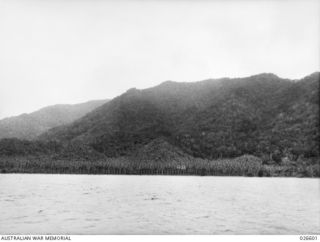 MILNE BAY, PAPUA, 1942-09. RUGGED COUNTRY AT MILNE BAY WHERE JAPANESE FORCES LANDED FROM BARGES. IT CAN BE SEEN HOW THE MOUNTAINS RISE UP WITH THEIR THICK JUNGLE-CLAD SLOPES FROM THE SEA