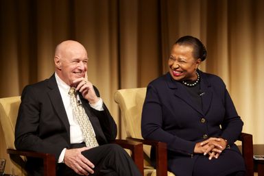 A Path to Equality: The Impact of the Civil Rights Acts of the 1960s; Jim Jones (left), former Chief of Staff to President Johnson, Congressman, and Ambassador to Mexico, with Carol Moseley Braun (right), former Senator and Ambassador to New Zealand and Samoa