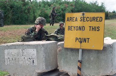 US Army (USA) Soldiers assigned to A/Company, 1ST Battalion, 17th Infantry Division man a security checkpoint at Orote Point, Guam during Exercise TANDEM THRUST '99