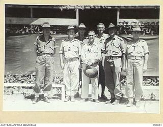 TOROKINA, BOUGAINVILLE. 1945-03-27. CHAPLAINS WHO PARTICIPATED IN A ROMAN CATHOLIC RETREAT HELD BY BISHOP T.J. WADE, BISHOP OF THE SOLOMON ISLANDS (4), AT THE ROYAL NEW ZEALAND AIR FORCE CHAPEL OF ..