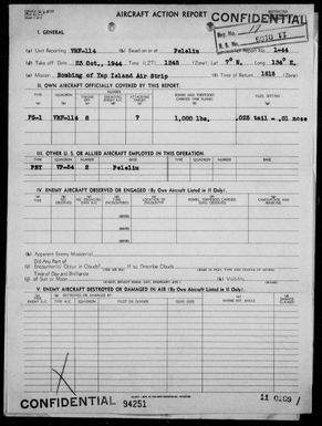 VMF-114 - ACA Form Rep #1-44 - Rep of Bombing & Strafing Yap Airfield, Yap Is, Carolines, on 10/23/44