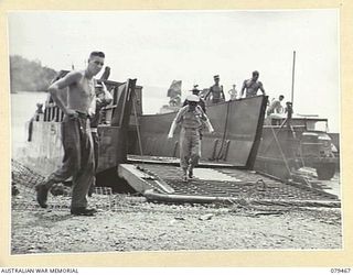 KALAI PLANTATION, NEW BRITAIN. 1945-03-07. VX27 MAJOR-GENERAL A.H. RAMSAY, CBE, DSO, ED, GENERAL OFFICER COMMANDING 5TH DIVISION (3); PRECEDING WX5 BRIGADIER R.L. SANDOVER, COMMANDING OFFICER, 6TH ..