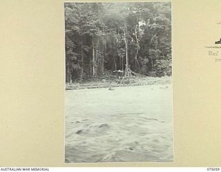 LAE, NEW GUINEA. 1944-08-08. LOOKING ACROSS THE SWIFTLY FLOWING BUSU RIVER SHOWING THE TEMPORARY LANDING STAGE ON THE OPPOSITE BANK USED BY THE TROOPS OF THE 20TH FIELD COMPANY, TO LAND TIMBER AND ..