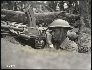 Fijian Bren gunner with the New Zealand Expeditionary Force in the Pacific, during World War II, Bouganville, Papua New Guinea