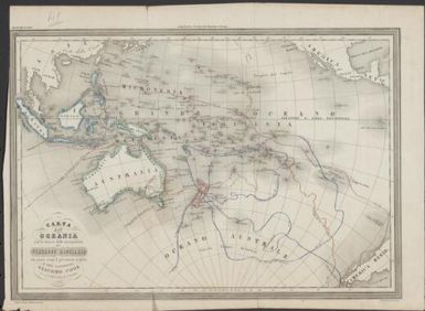 Carta dell' Oceania : con le tracce delle navigazioni di Fernando Magellano che primo compi il giro intorno al globo, e del Capitano Giacomo Cook, il Colombo della Oceania / G. Bonatti incise, Torino ; Sebast. Franco, Editore, Torino