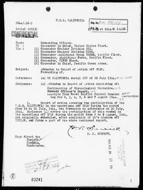 USS CALIFORNIA - Addendum Report of Guam Island Operation - Bombardments of Guam Island, Marianas During the Period 8/2-9/44