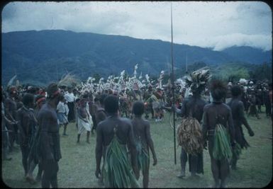 New Year's Day festivities at Minj Station, 1955, coastal and highland dancers are approaching : Minj Station, Wahgi Valley, Papua New Guinea, 1954 / Terence and Margaret Spencer