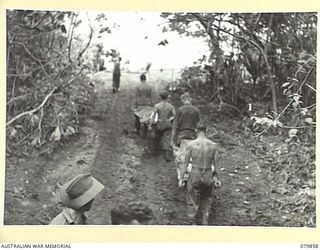 WAITAVALO AREA, WIDE BAY, NEW BRITAIN. 1945-03-16. WOUNDED BEING TRANSPORTED TO LCM'S (LANDING CRAFT MECHANIZED) FOR EVACUATION FROM THE 6TH FIELD AMBULANCE, ARMY MEDICAL CORPS DRESSING STATION