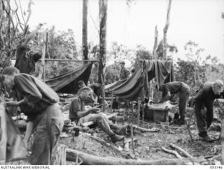 WEWAK AREA, NEW GUINEA, 1945-06-17. TROOPS OF B COMPANY, 2/8 INFANTRY BATTALION PACKING THEIR GEAR BEFORE LEAVING FOR THE ATTACK ON HILL 2. IDENTIFIED PERSONNEL ARE:- PTE J. OGILVIE (1); SGT T.K. ..