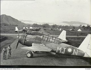 NADZAB, NEW GUINEA. C. 1944-02. LINE UP OF VULTEE VENGEANCE DIVE BOMBER AIRCRAFT OF NO. 21 SQUADRON RAAF IN THE DISPERSAL AREA OF NADZAB. IN THE FOREGROUND IS AIRCRAFT CODED MJ-N, SERIAL NO. A27-60