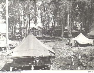 JACQUINOT BAY, NEW BRITAIN. 1944-12-01. A GENERAL VIEW OF THE CAMP SITE OF B COMPANY, 594TH ENGINEER BOAT AND SHORE REGIMENT, UNITED STATES ARMY, ATTACHED 5TH AUSTRALIAN DIVISION SITUATED A FEW ..