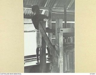 KOKODA, NEW GUINEA. 1944-04-13. A NATIVE WORKING FOR THE SUB DISTRICT OFFICE, AUSTRALIAN NEW GUINEA ADMINISTRATIVE UNIT, OPERATING A SCREW PRESS TO COMPRESS 100 POUND BALES OF SMOKED RUBBER FOR ..