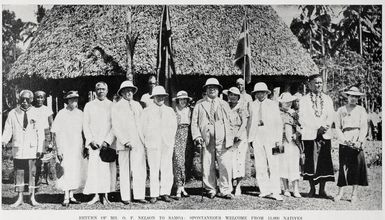 Return of Mr. O. F. Nelson to Samoa: spontaneous welcome from 15,000 natives
