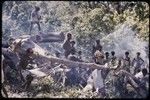 Land clearing: men clear trees and bushes from rocky land, preparing for construction