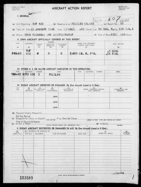 VMF-122 - ACA rep #10-Bombing of possible sub docking area at Yap, Carolines 1/22/45