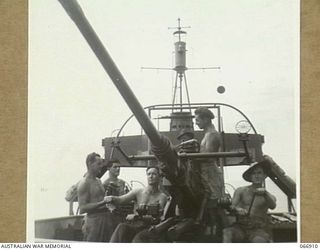 NEW GUINEA. 1944-06-15. BOFORS GUN CREW OF THE AB442 A VESSEL OF THE 12TH WATER TRANSPORT OPERATING COMPANY, IN POSITION DURING A PRACTICE SHOOT