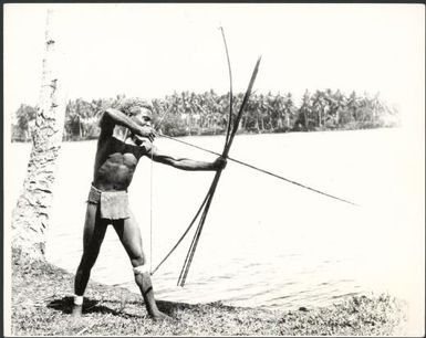 Ramu man aiming bow and arrow into river, Ramu River, New Guinea, ca. 1935, 1 / Sarah Chinnery