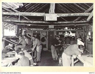 LAE AREA, NEW GUINEA, 1945-08-10. THE INTERIOR OF THE HOBBY HUT, 112 CONVALESCENT DEPOT, EDUCATION CENTRE UNDER THE CONTROL OF THE DEPUTY ASSISTANT DIRECTOR OF EDUCATION, LAE BASE SUB-AREA