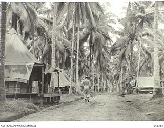 MILNE BAY, NEW GUINEA. 1943-06-29. LOOKING DOWN THE CENTRE OF "DOCTOWN", THE CAMP AREA OF THE 2/3RD AUSTRALIAN DOCKS OPERATING COMPANY, ROYAL AUSTRALIAN ENGINEERS, A.I.F. TENTS ARE ALL RAISED OFF ..