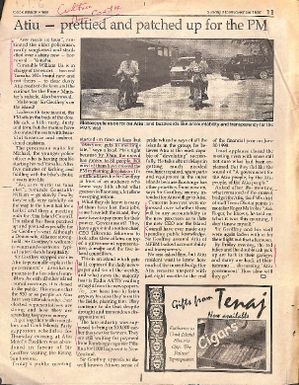Atiu - prettied and patched up for the PM. Cook Islands Press, Sunday 2 to 9 November 1997, page 11.